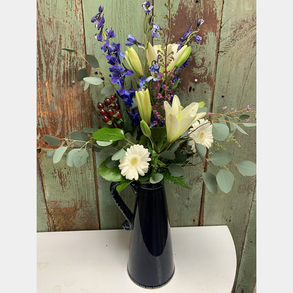 Navy Pitcher with 2 White Lilies